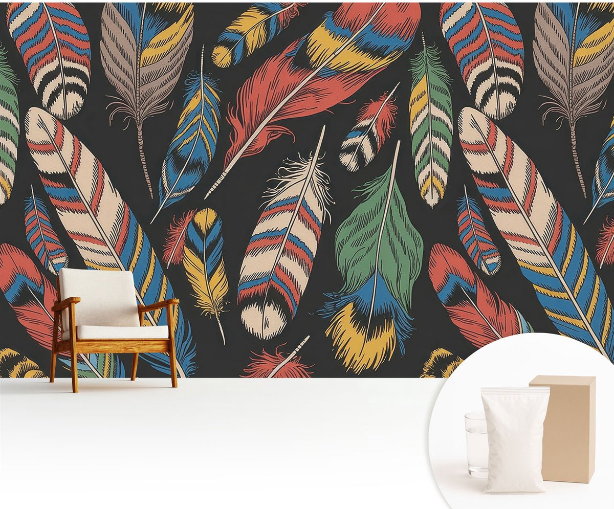 Wallfluent Fotobehang - Blauw Vliesbehang - 416x254 cm - Kleurrijke Veren Fotobehang Vlies - Woonkamer behang Achtergronden En Patronen - Muurschildering - Hal behang
