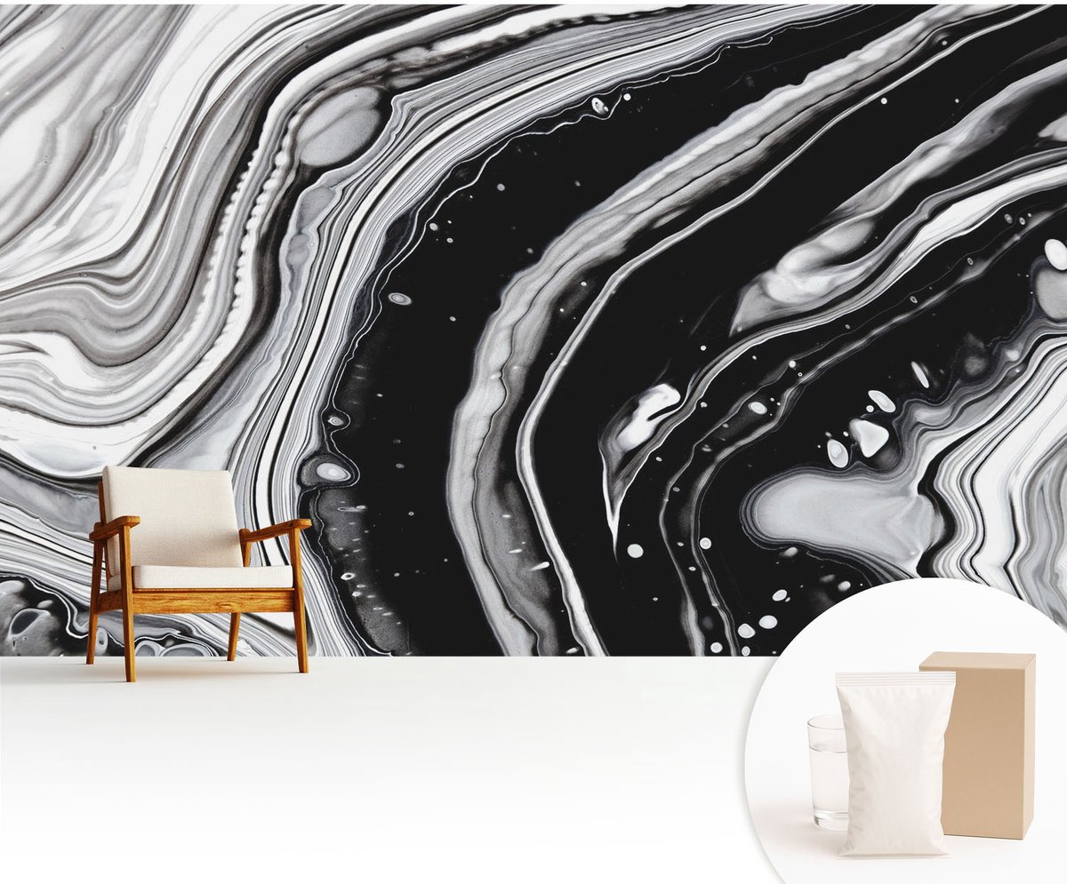 Wallfluent Fotobehang - Zwart-Wit Vliesbehang - 416x254 cm - Monochromatische Golven Muurschildering - Gang behang Abstractie - Fotobehang Vlies - Slaapkamer behang