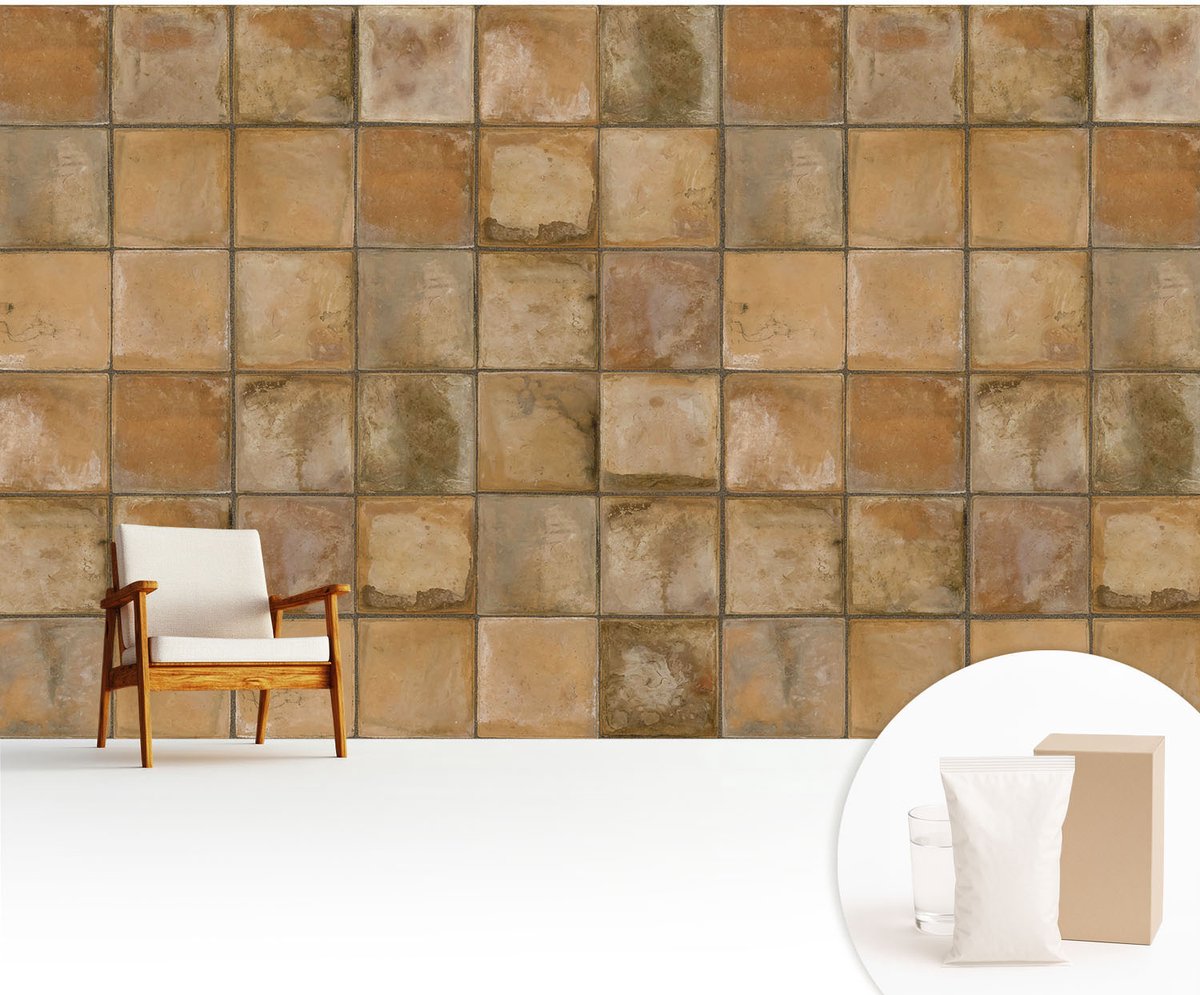 Wallfluent Fotobehang - Bruin Vliesbehang - 416x254 cm - Rustiek Mozaïek Fotobehang Vlies - Hal behang Achtergronden En Patronen - Muurschildering - Woonkamer behang