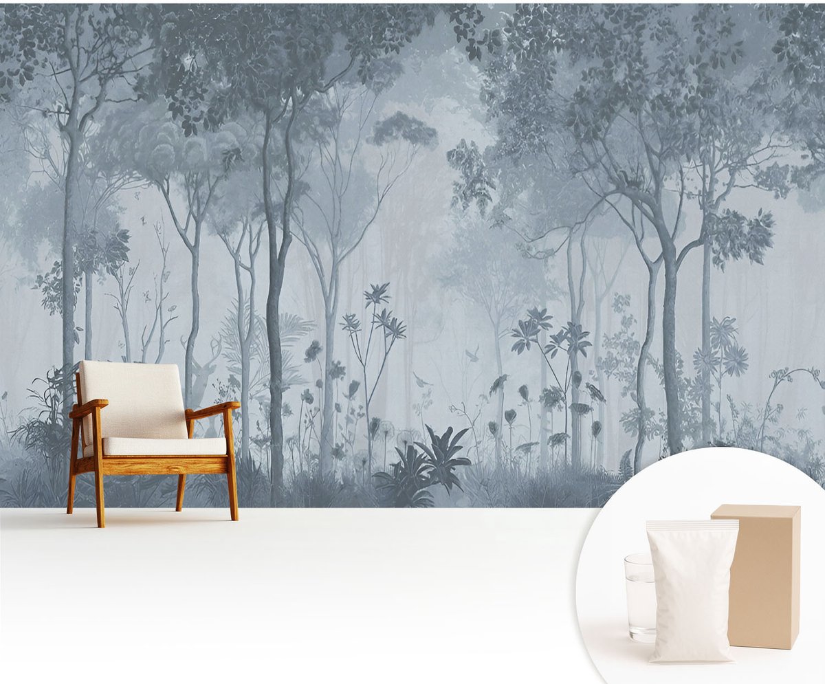 Wallfluent Fotobehang - Grijs Vliesbehang - 416x254 cm - Mystiek Van Het Bos Muurschildering - Slaapkamer behang Bloemen En Planten - Fotobehang Vlies - Slaapkamer behang
