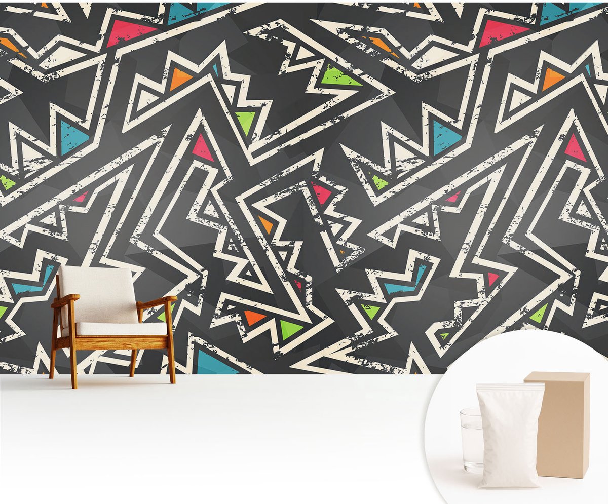 Wallfluent Fotobehang - Zwart Vliesbehang - 416x254 cm - Energetische Geometrie Fotobehang Vlies - Woonkamer behang Abstractie - Muurschildering - Woonkamer behang