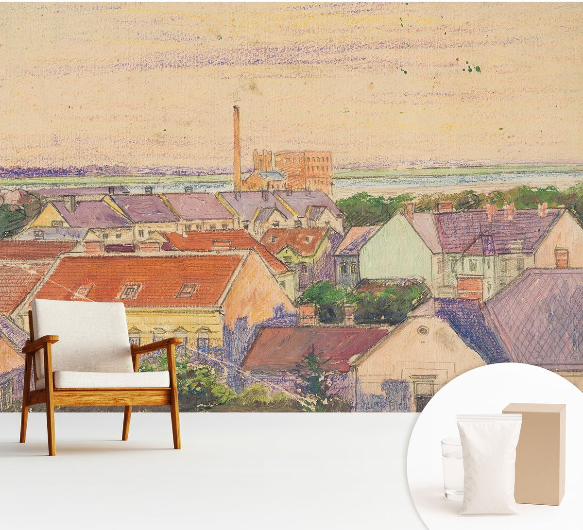 Wallfluent Fotobehang - Beige Vliesbehang - 312x219 cm - Stedelijke Daken Muurschildering - Slaapkamer behang Architectuur - Fotobehang Vlies - Slaapkamer behang