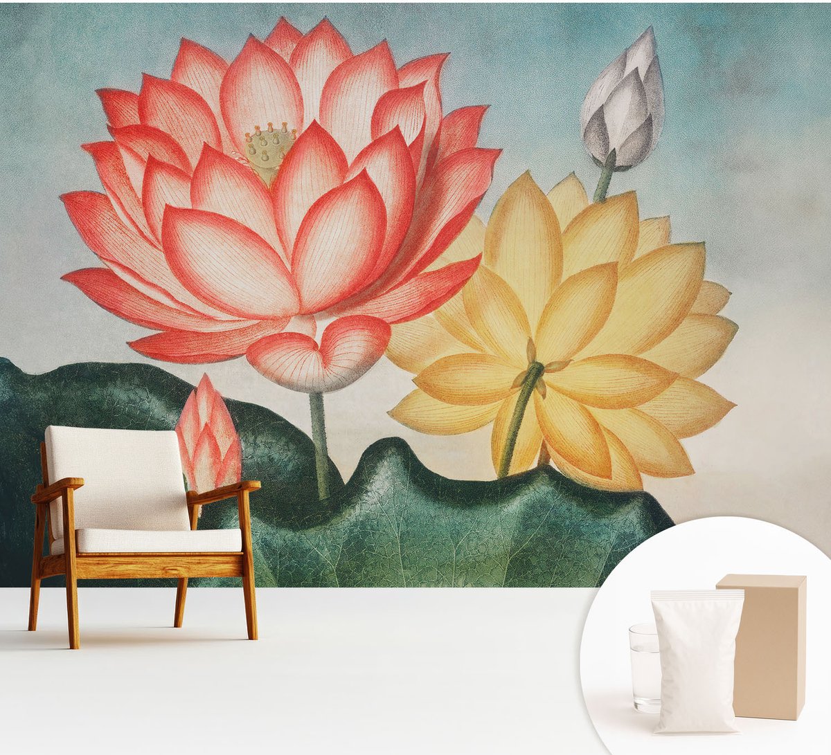 Wallfluent Fotobehang - Rood Vliesbehang - 312x219 cm - Lotusbloemen Muurschildering - Slaapkamer behang Bloemen En Planten - Fotobehang Vlies - Gang behang