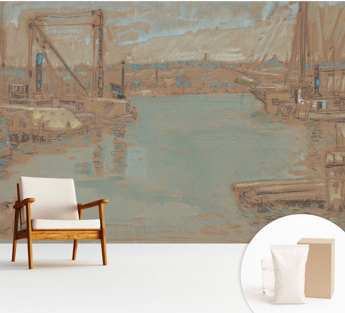 Wallfluent Fotobehang - Bruin Vliesbehang - 312x219 cm - Uitzicht Vanuit De Haven Fotobehang Vlies - Hal behang Landschappen - Muurschildering - Woonkamer behang