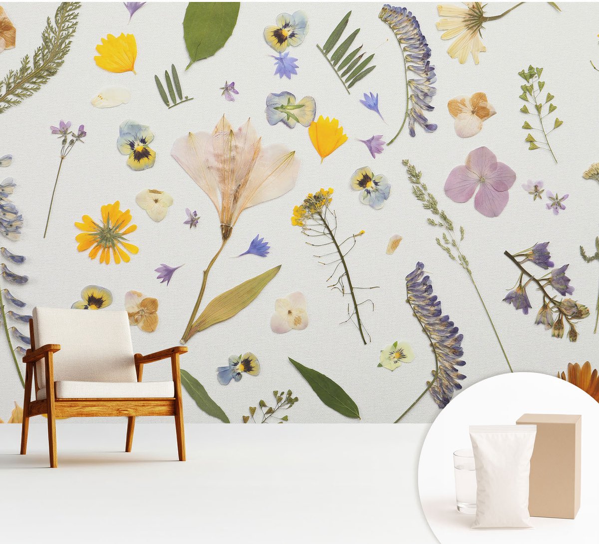 Wallfluent Fotobehang - Wit Vliesbehang - 312x219 cm - Lentebloemen Fotobehang Vlies - Hal behang Bloemen En Planten - Muurschildering - Woonkamer behang