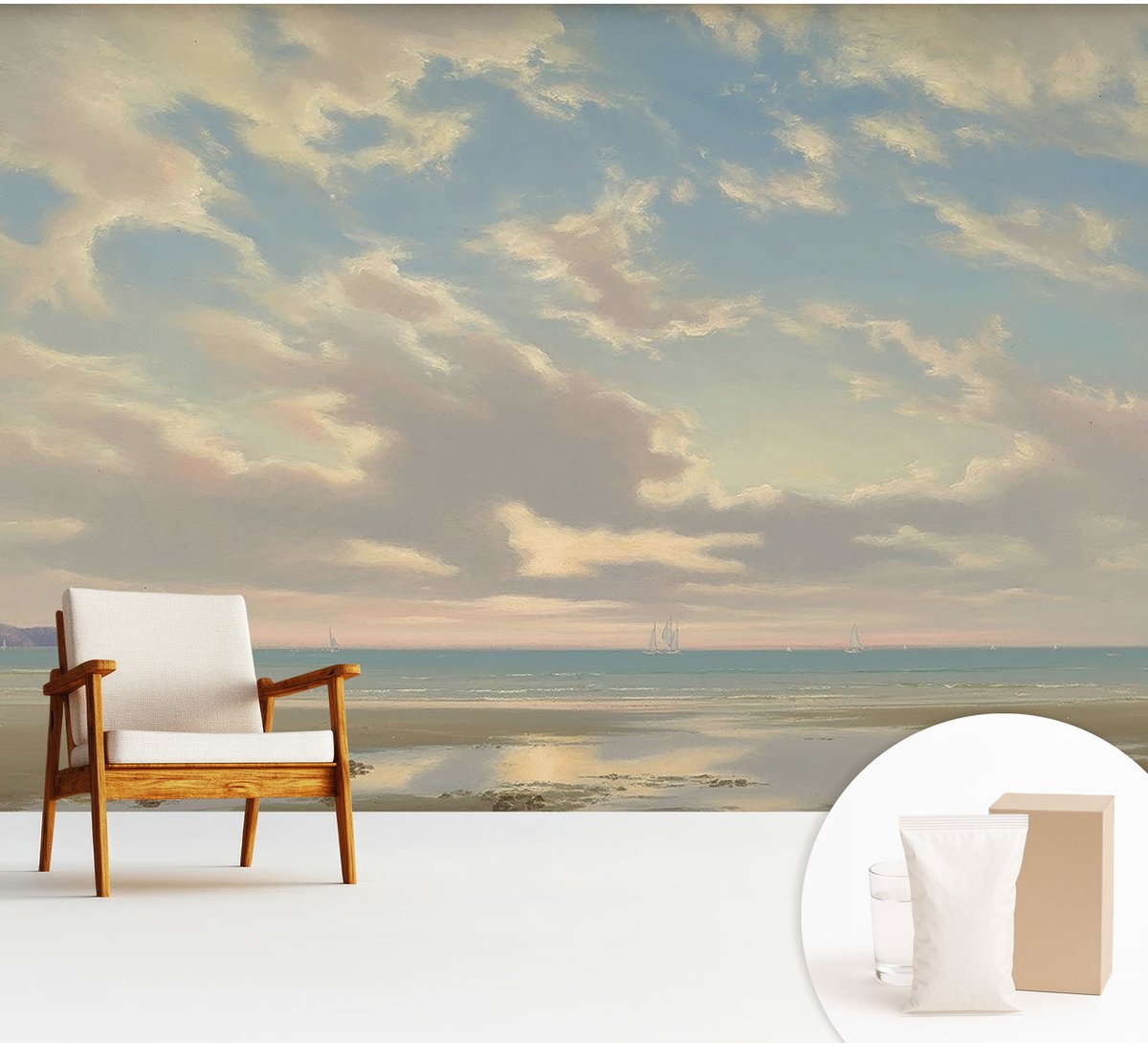 Wallfluent Fotobehang - Blauw Vliesbehang - 312x219 cm - Een Rustige Kust Muurschildering - Slaapkamer behang Landschappen - Fotobehang Vlies - Gang behang