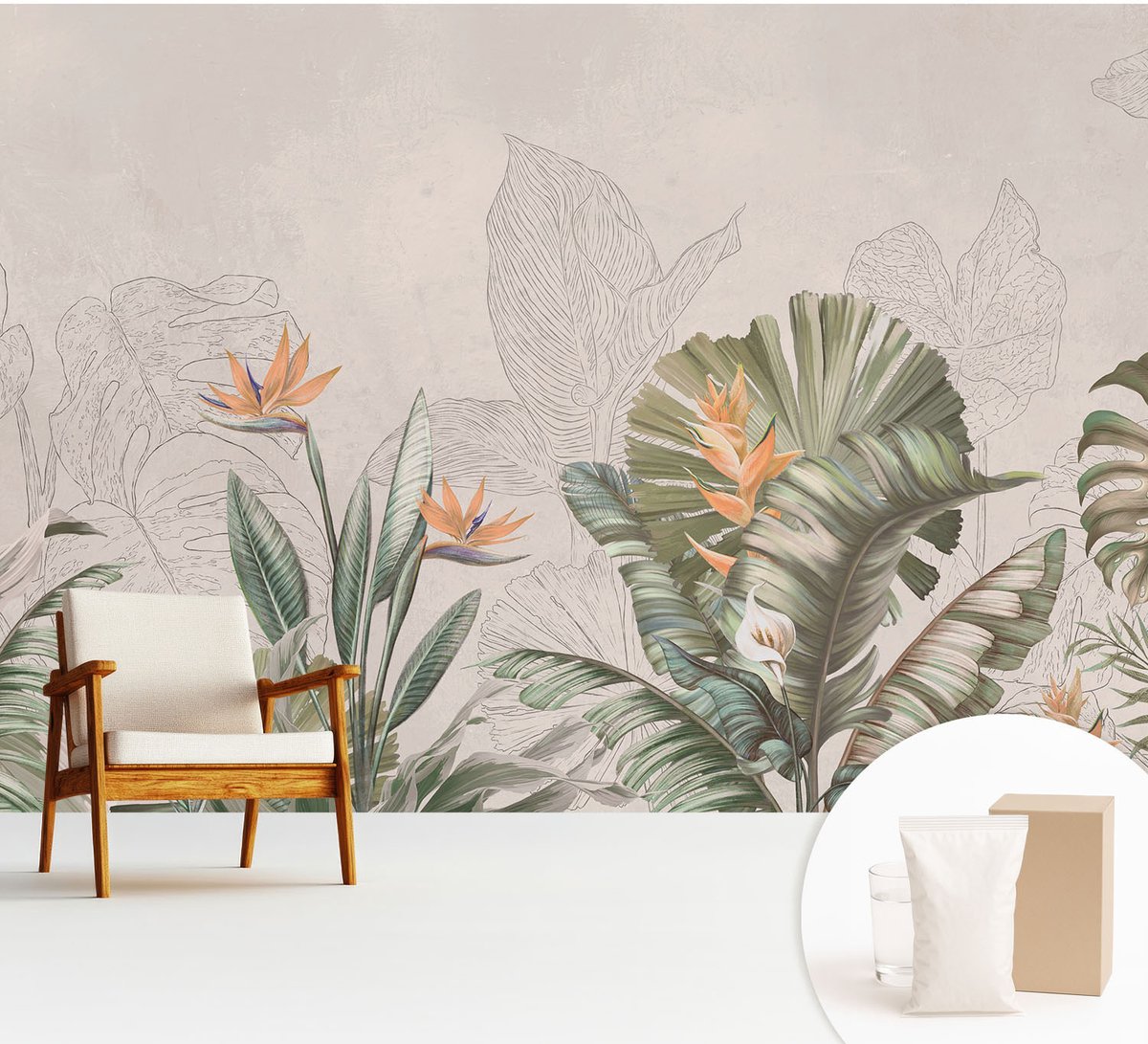 Wallfluent Fotobehang - Beige Vliesbehang - 312x219 cm - Tropische Bloemen Muurschildering - Gang behang Bloemen En Planten - Fotobehang Vlies - Slaapkamer behang