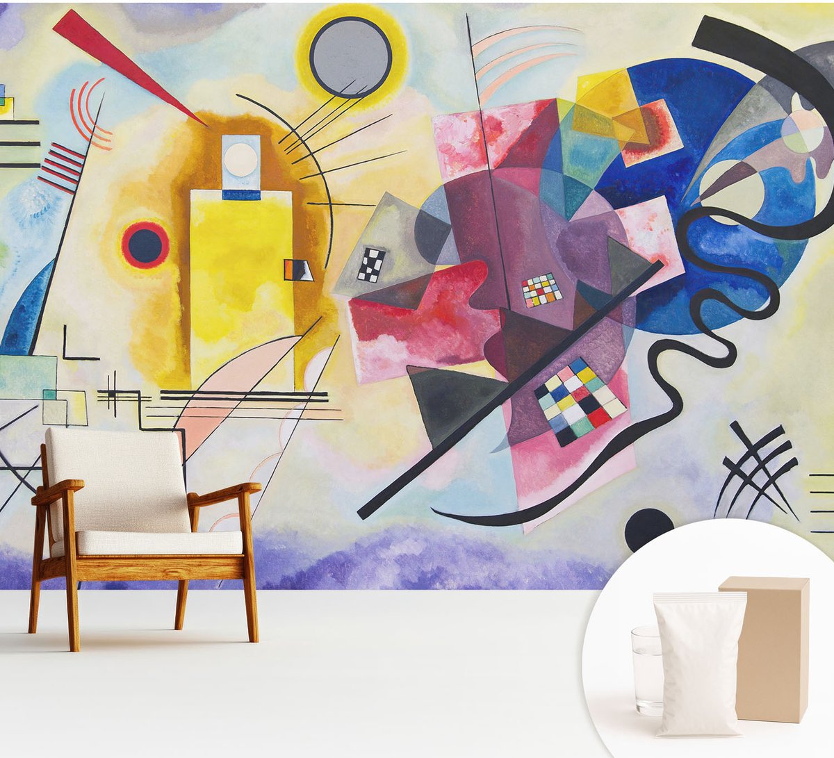 Wallfluent Fotobehang - Geel Vliesbehang - 312x219 cm - Kleurrijke Abstractie Fotobehang Vlies - Hal behang Abstractie - Muurschildering - Woonkamer behang