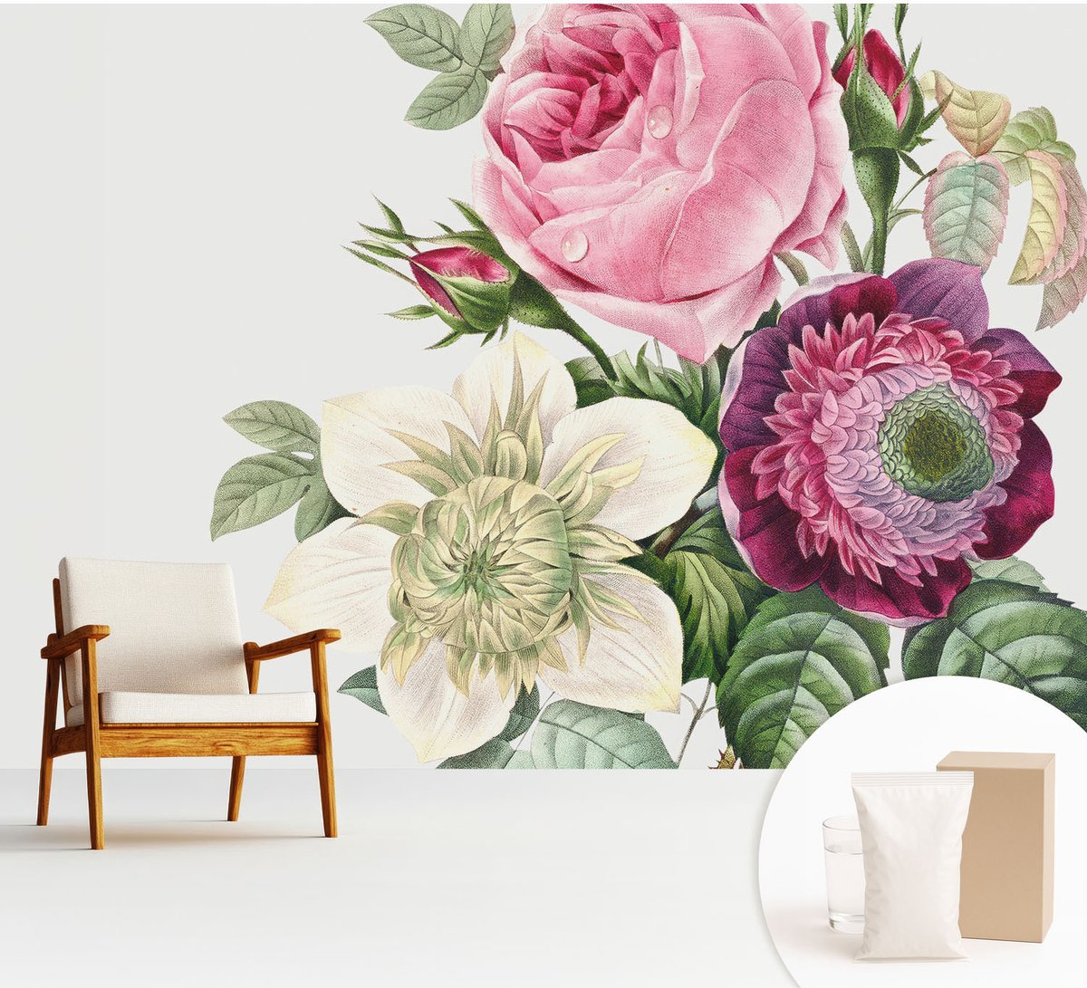 Wallfluent Fotobehang - Roze Vliesbehang - 312x219 cm - Bloemenboeket Muurschildering - Gang behang Bloemen En Planten - Fotobehang Vlies - Slaapkamer behang