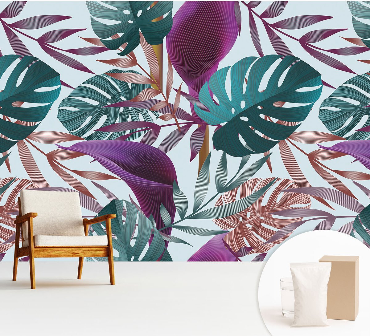 Wallfluent Fotobehang - Paars Vliesbehang - 312x219 cm - Tropische Compositie Muurschildering - Gang behang Bloemen En Planten - Fotobehang Vlies - Slaapkamer behang