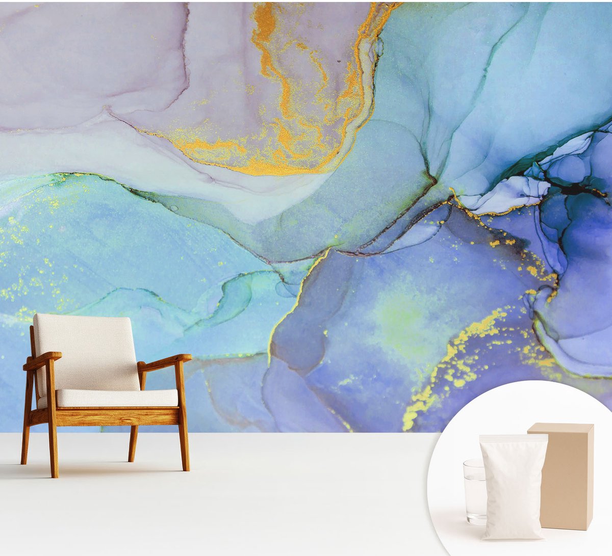 Wallfluent Fotobehang - Blauw Vliesbehang - 312x219 cm - Aquarelvormen Fotobehang Vlies - Woonkamer behang Abstractie - Muurschildering - Hal behang