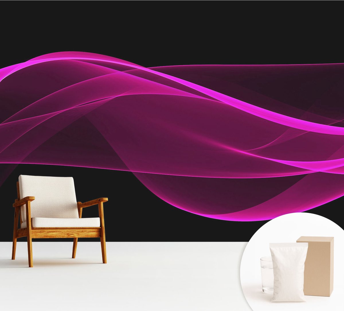Wallfluent Fotobehang - Zwart Vliesbehang - 312x219 cm - Roze Linten Fotobehang Vlies - Hal behang Abstractie - Muurschildering - Woonkamer behang