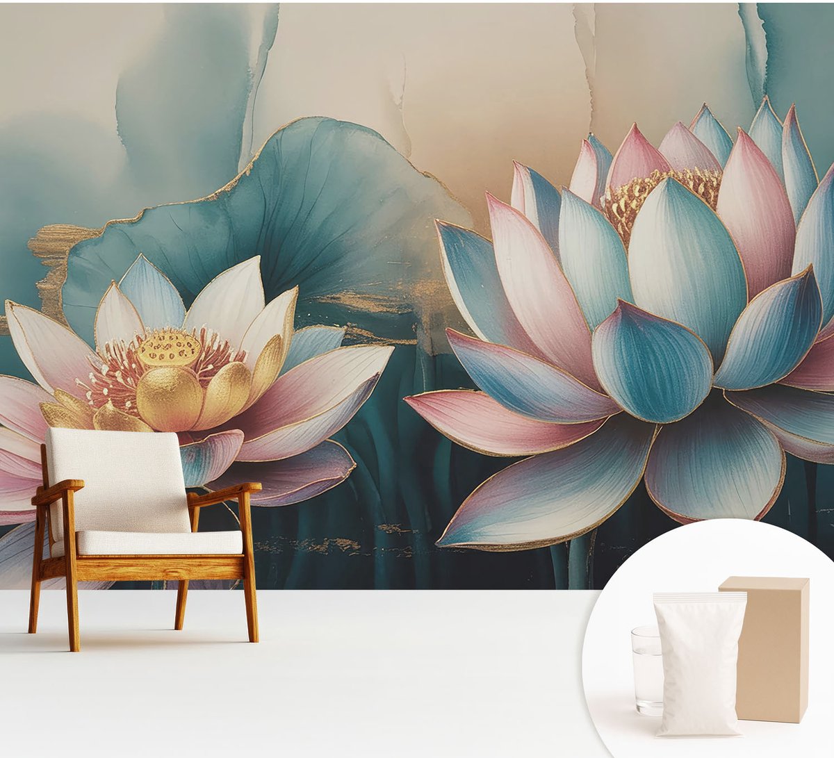 Wallfluent Fotobehang - Blauw Vliesbehang - 312x219 cm - Lotusbloemen Van Harmonie Fotobehang Vlies - Hal behang Bloemen En Planten - Muurschildering - Woonkamer behang