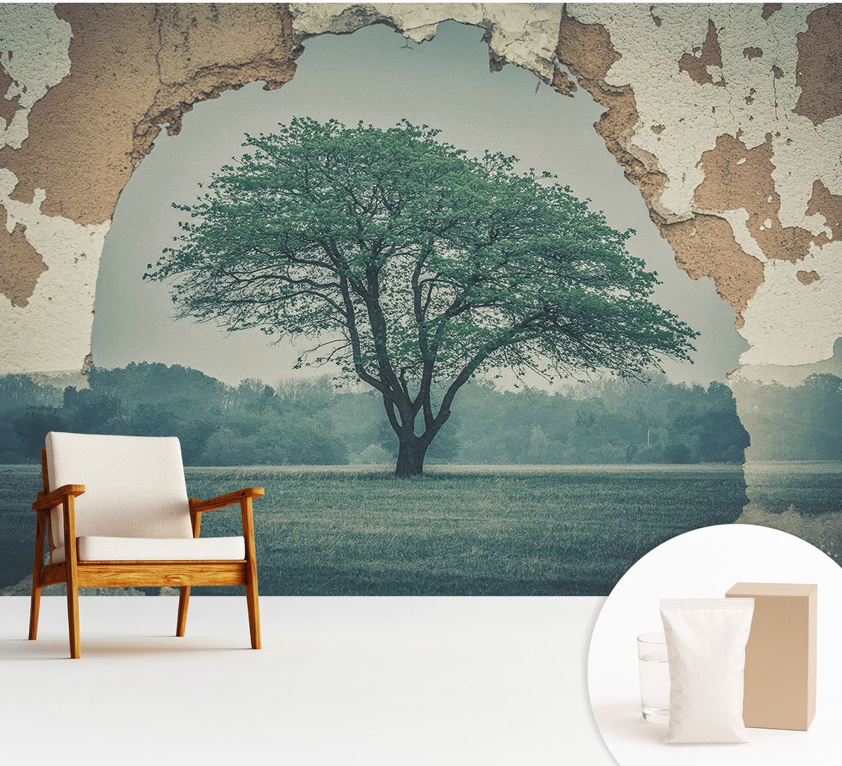 Wallfluent Fotobehang - Grijs Vliesbehang - 312x219 cm - Een Eenzame Boom Muurschildering - Slaapkamer behang Landschappen - Fotobehang Vlies - Slaapkamer behang