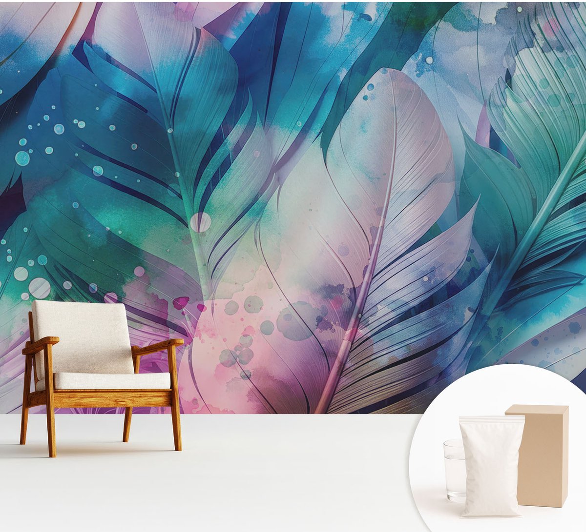 Wallfluent Fotobehang - Blauw Vliesbehang - 312x219 cm - Kleurrijke Veren Fotobehang Vlies - Hal behang Deel - Muurschildering - Woonkamer behang