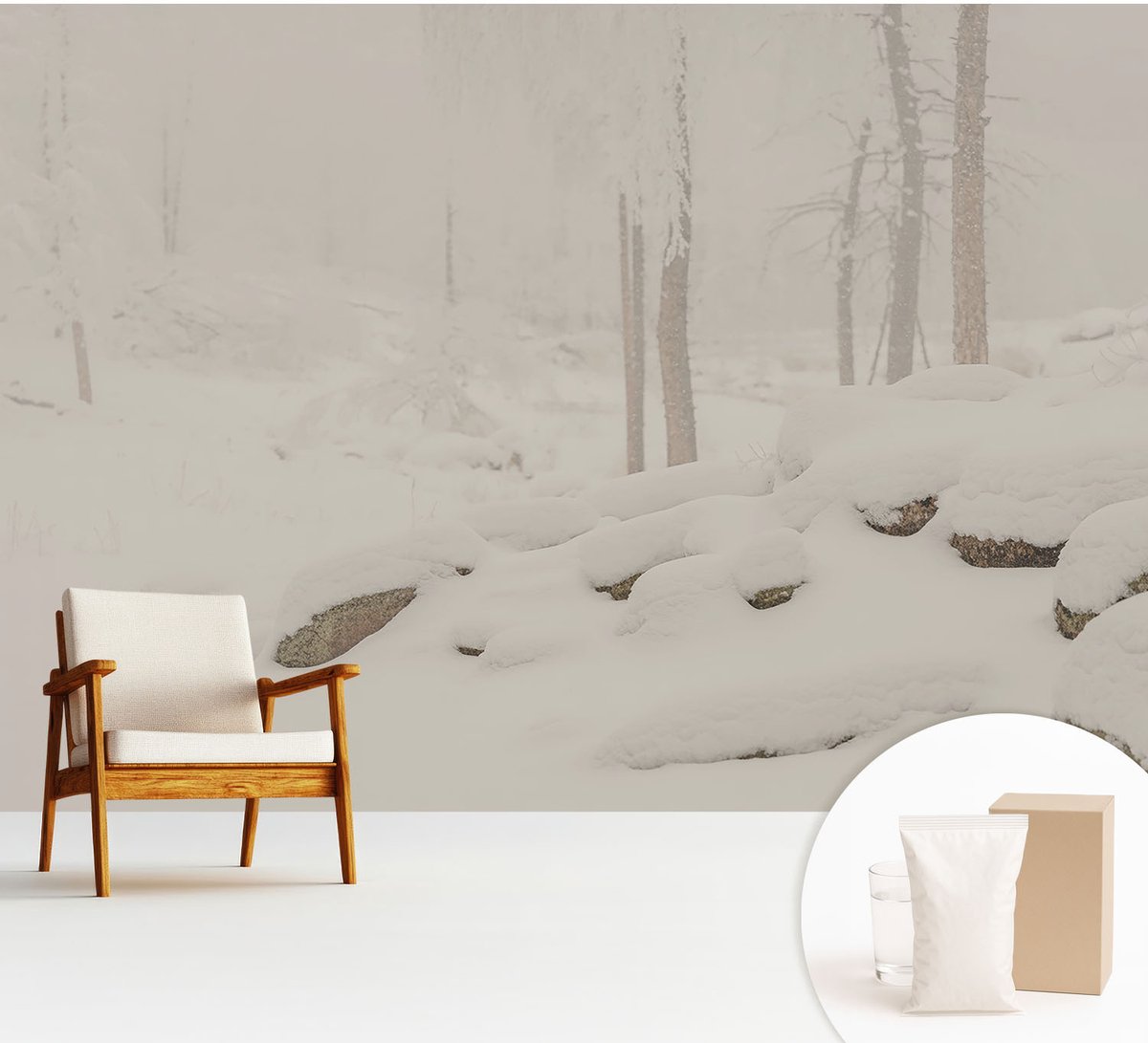 Wallfluent Fotobehang - Wit Vliesbehang - 312x219 cm - Sneeuwbos Muurschildering - Slaapkamer behang Landschappen - Fotobehang Vlies - Slaapkamer behang