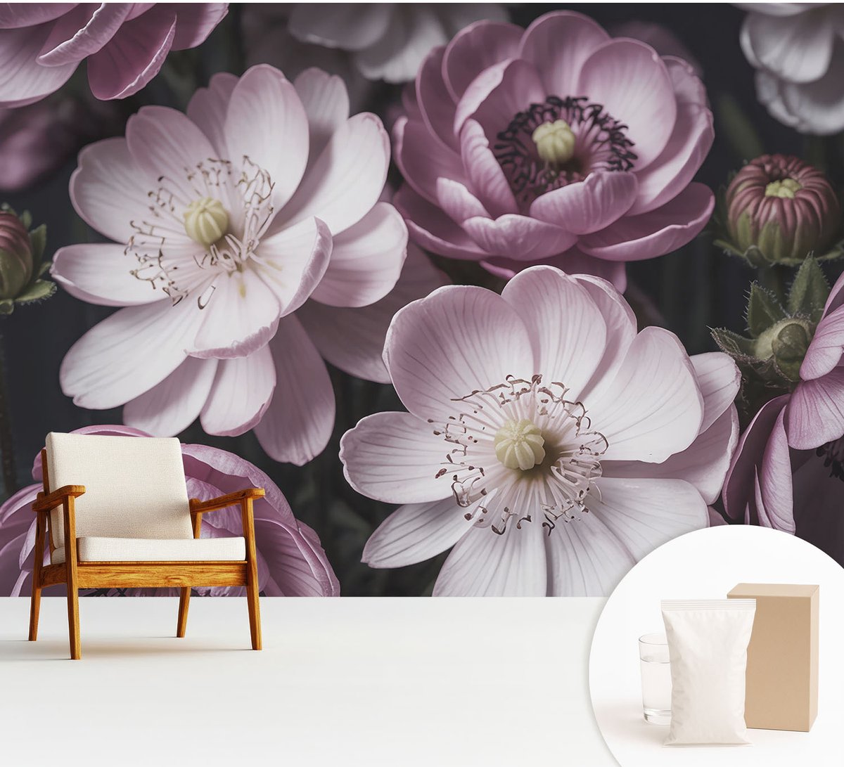 Wallfluent Fotobehang - Roze Vliesbehang - 312x219 cm - Bloemige Elegantie Fotobehang Vlies - Hal behang Bloemen En Planten - Muurschildering - Woonkamer behang