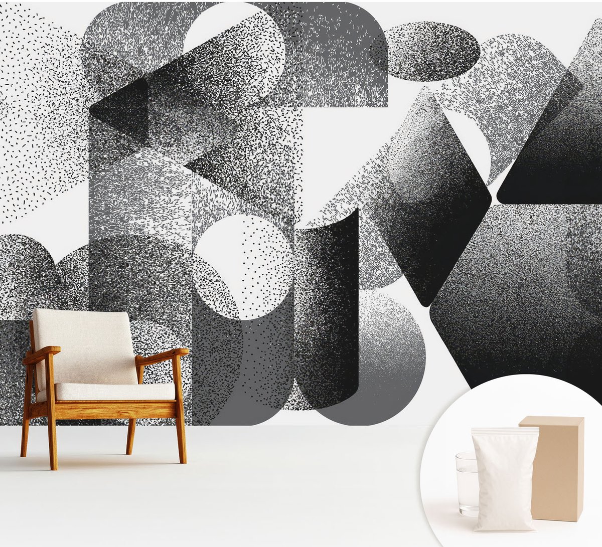 Wallfluent Fotobehang - Zwart-Wit Vliesbehang - 312x219 cm - Geometrische Vormen Fotobehang Vlies - Hal behang Abstractie - Muurschildering - Woonkamer behang