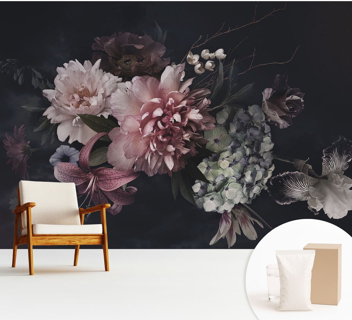 Wallfluent Fotobehang - Zwart Vliesbehang - 312x219 cm - Bloemarrangement Muurschildering - Slaapkamer behang Bloemen En Planten - Fotobehang Vlies - Gang behang