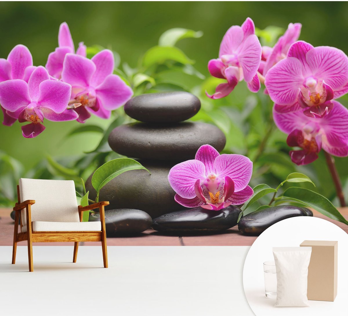 Wallfluent Fotobehang - Groente Vliesbehang - 312x219 cm - Orchideeënstenen Muurschildering - Slaapkamer behang Bloemen En Planten - Fotobehang Vlies - Gang behang