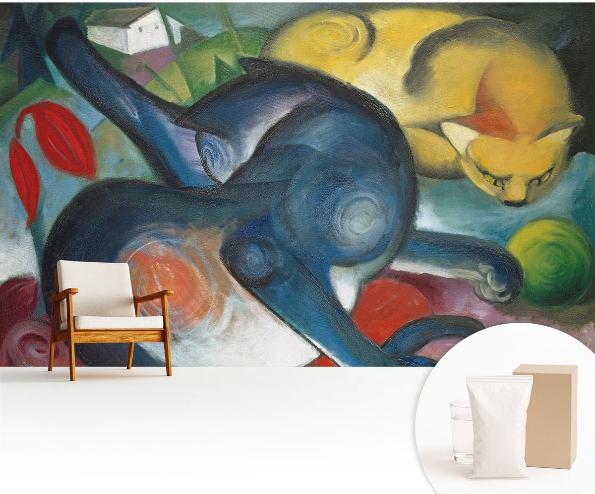 Wallfluent Fotobehang - Blauw Vliesbehang - 416x254 cm - Kattenmotief Muurschildering - Gang behang Deel - Fotobehang Vlies - Slaapkamer behang