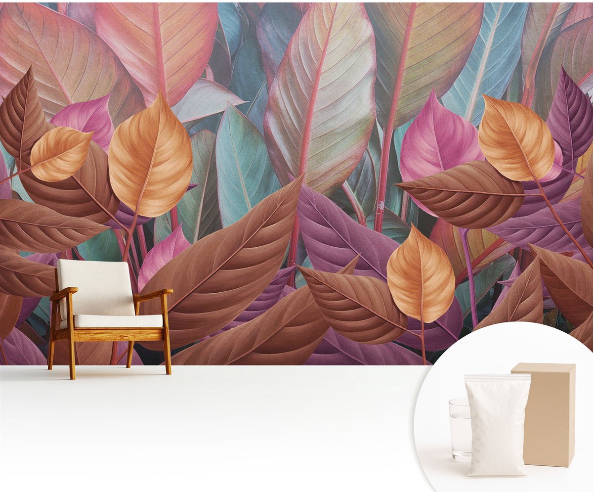 Wallfluent Fotobehang - Bruin Vliesbehang - 416x254 cm - Kleurrijke Bladeren Muurschildering - Gang behang Bloemen En Planten - Fotobehang Vlies - Slaapkamer behang
