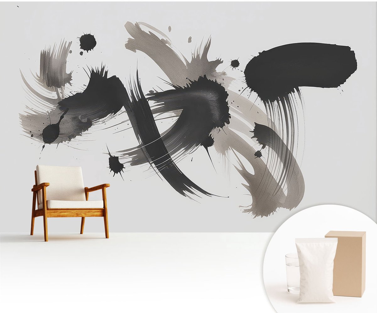 Wallfluent Fotobehang - Zwart Vliesbehang - 416x254 cm - Abstracte Uitdrukking Fotobehang Vlies - Hal behang Abstractie - Muurschildering - Woonkamer behang