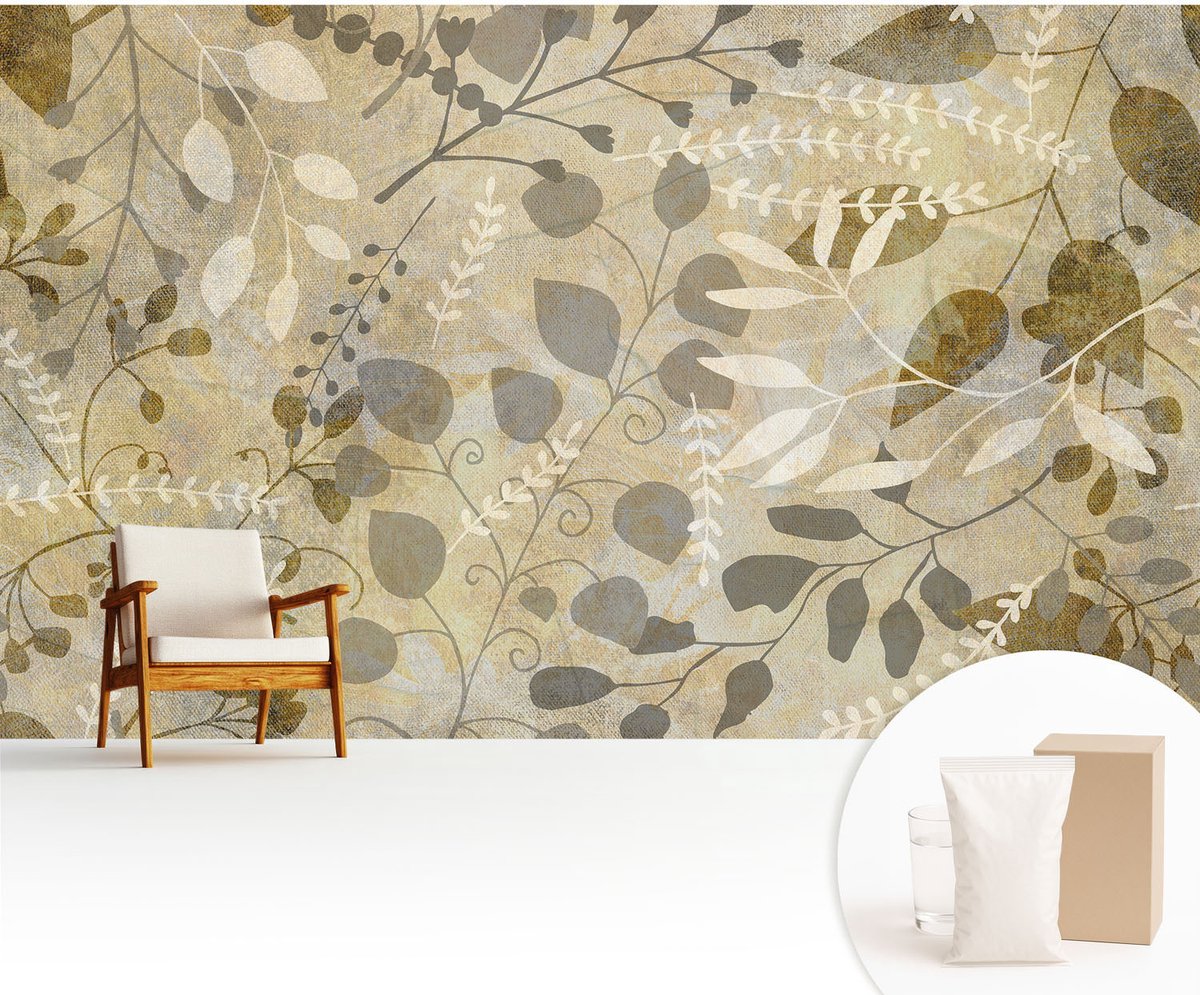 Wallfluent Fotobehang - Beige Vliesbehang - 416x254 cm - Takbladeren Fotobehang Vlies - Woonkamer behang Bloemen En Planten - Muurschildering - Woonkamer behang