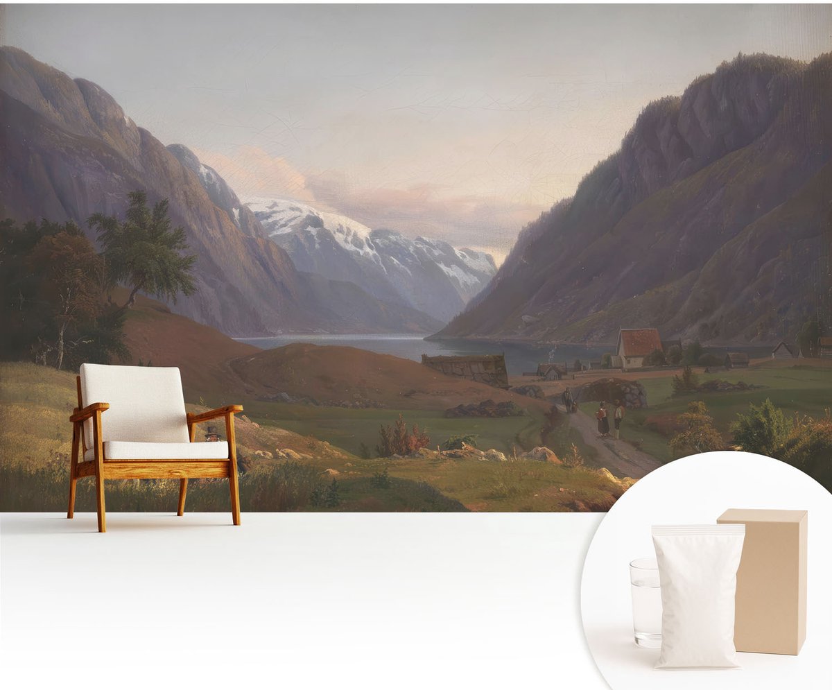 Wallfluent Fotobehang - Wit Vliesbehang - 416x254 cm - Bergpanorama Fotobehang Vlies - Woonkamer behang Landschappen - Muurschildering - Woonkamer behang
