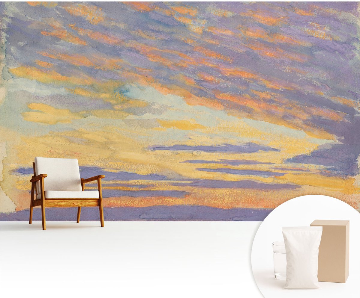 Wallfluent Fotobehang - Paars Vliesbehang - 416x254 cm - Pastelkleurige Hemel Fotobehang Vlies - Woonkamer behang Landschappen - Muurschildering - Hal behang