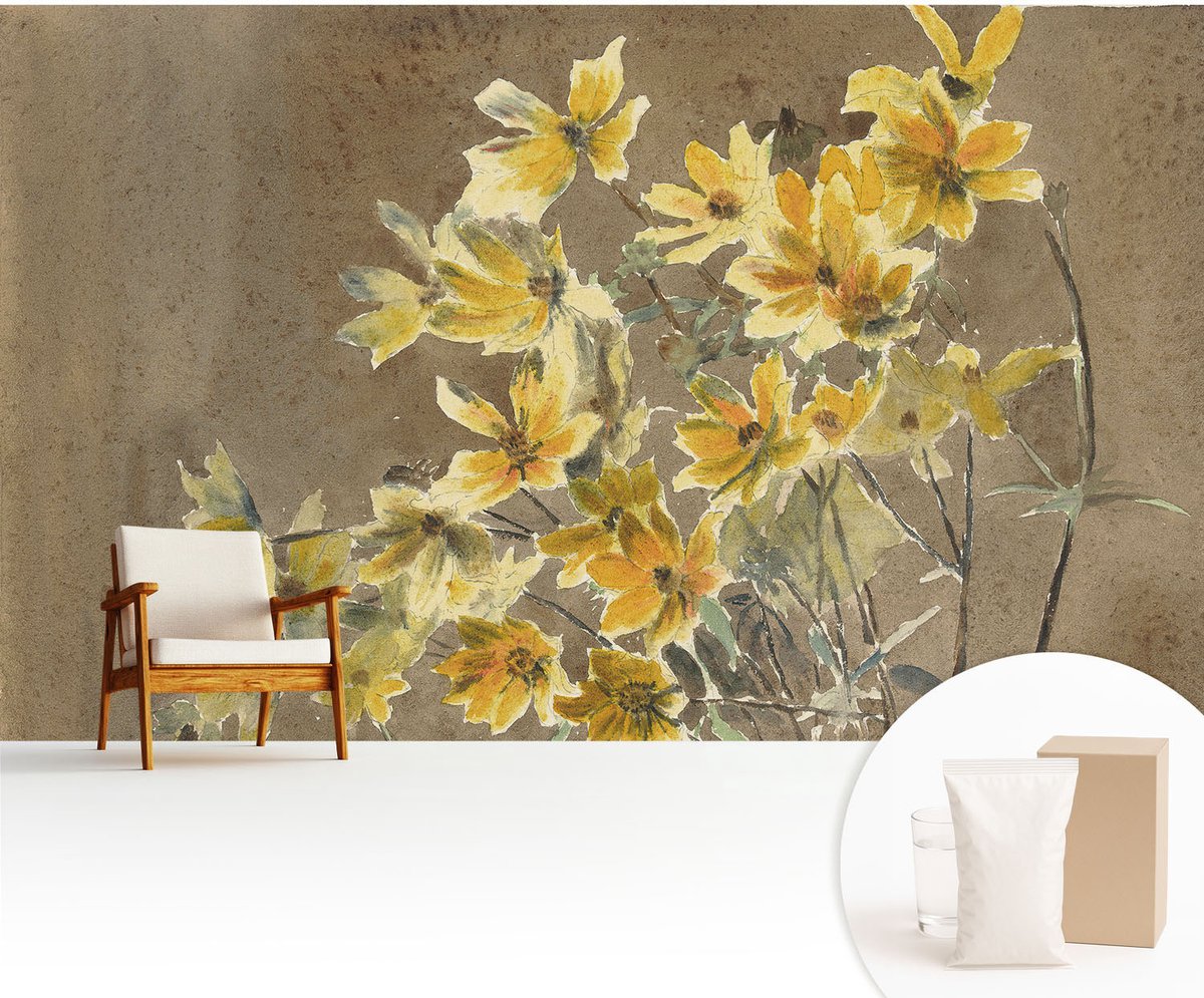 Wallfluent Fotobehang - Bruin Vliesbehang - 416x254 cm - Zonnig Boeket Muurschildering - Slaapkamer behang Bloemen En Planten - Fotobehang Vlies - Slaapkamer behang