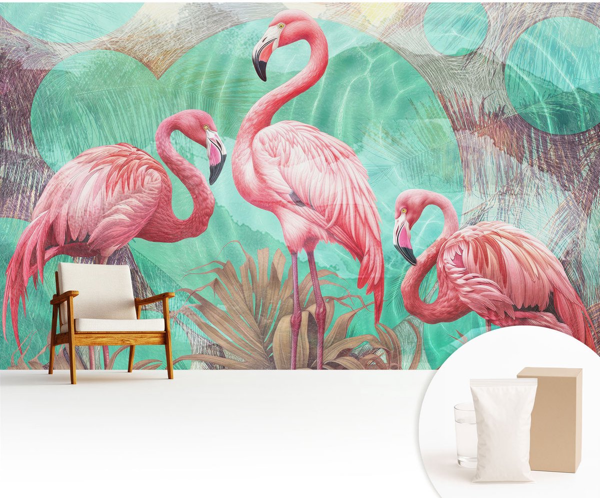 Wallfluent Fotobehang - Roze Vliesbehang - 416x254 cm - Exotische Vogels Fotobehang Vlies - Hal behang Dieren - Muurschildering - Woonkamer behang