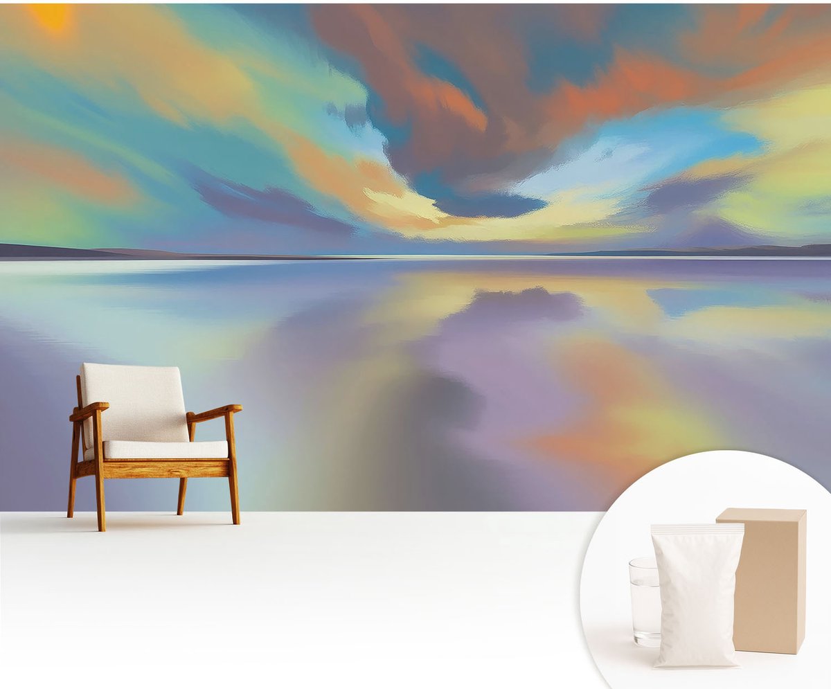 Wallfluent Fotobehang - Blauw Vliesbehang - 416x254 cm - Regenboogzonsondergang Muurschildering - Slaapkamer behang Landschappen - Fotobehang Vlies - Slaapkamer behang
