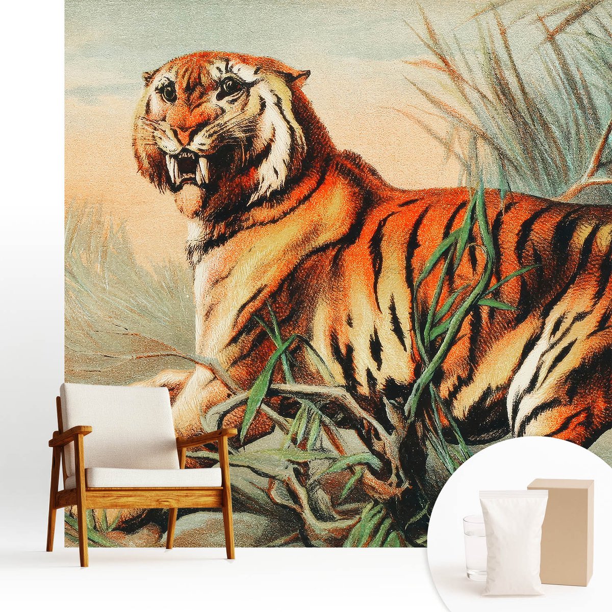 Wallfluent Fotobehang - Oranje Vliesbehang - 250x250 cm - Tijger Natuur Muurschildering - Gang behang Dieren - Fotobehang Vlies - Gang behang