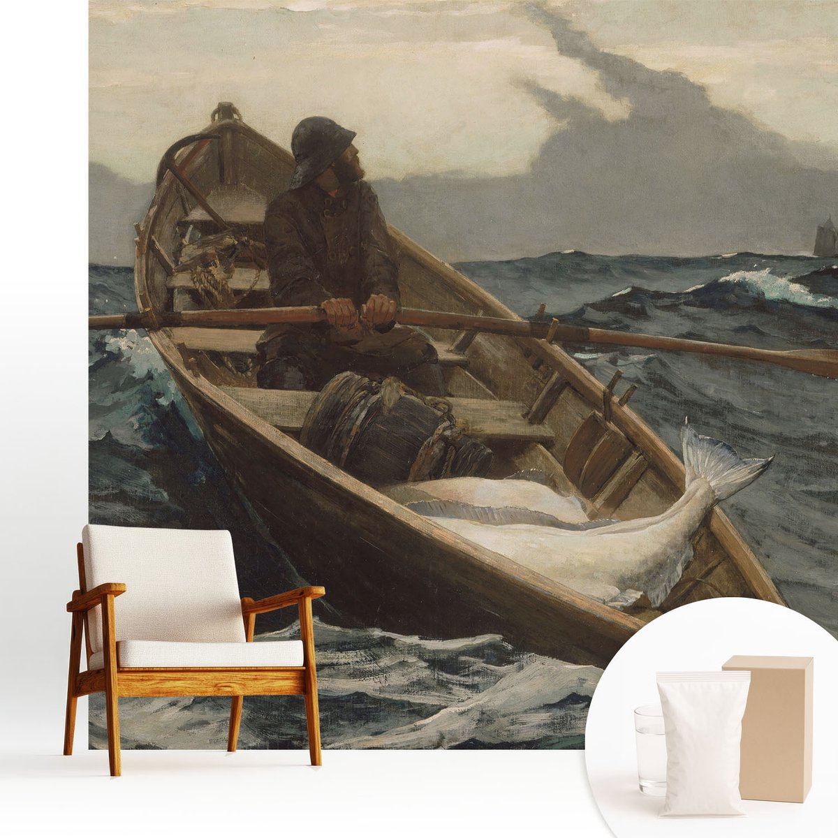 Wallfluent Fotobehang - Grijs Vliesbehang - 250x250 cm - Visser Op Zee Muurschildering - Slaapkamer behang Landschappen - Fotobehang Vlies - Gang behang