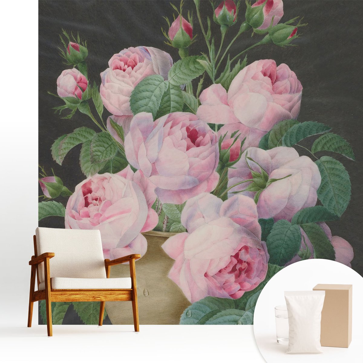 Wallfluent Fotobehang - Zwart-Wit Vliesbehang - 250x250 cm - Bloemige Elegantie Fotobehang Vlies - Woonkamer behang Bloemen En Planten - Muurschildering - Woonkamer behang