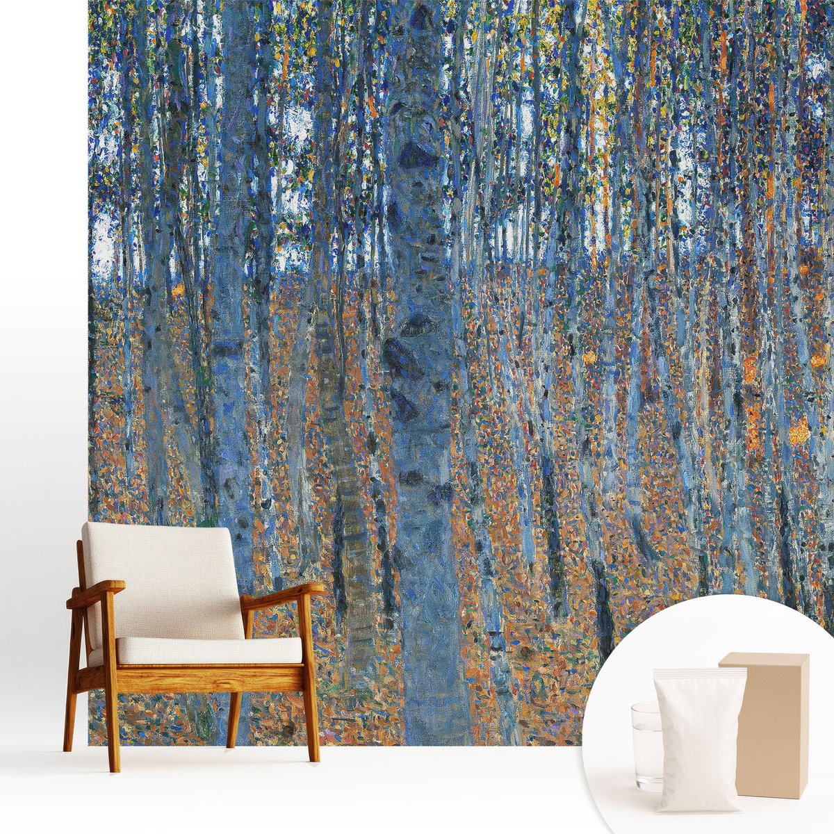 Wallfluent Fotobehang - Blauw Vliesbehang - 250x250 cm - Berkenbos Muurschildering - Slaapkamer behang Bloemen En Planten - Fotobehang Vlies - Slaapkamer behang