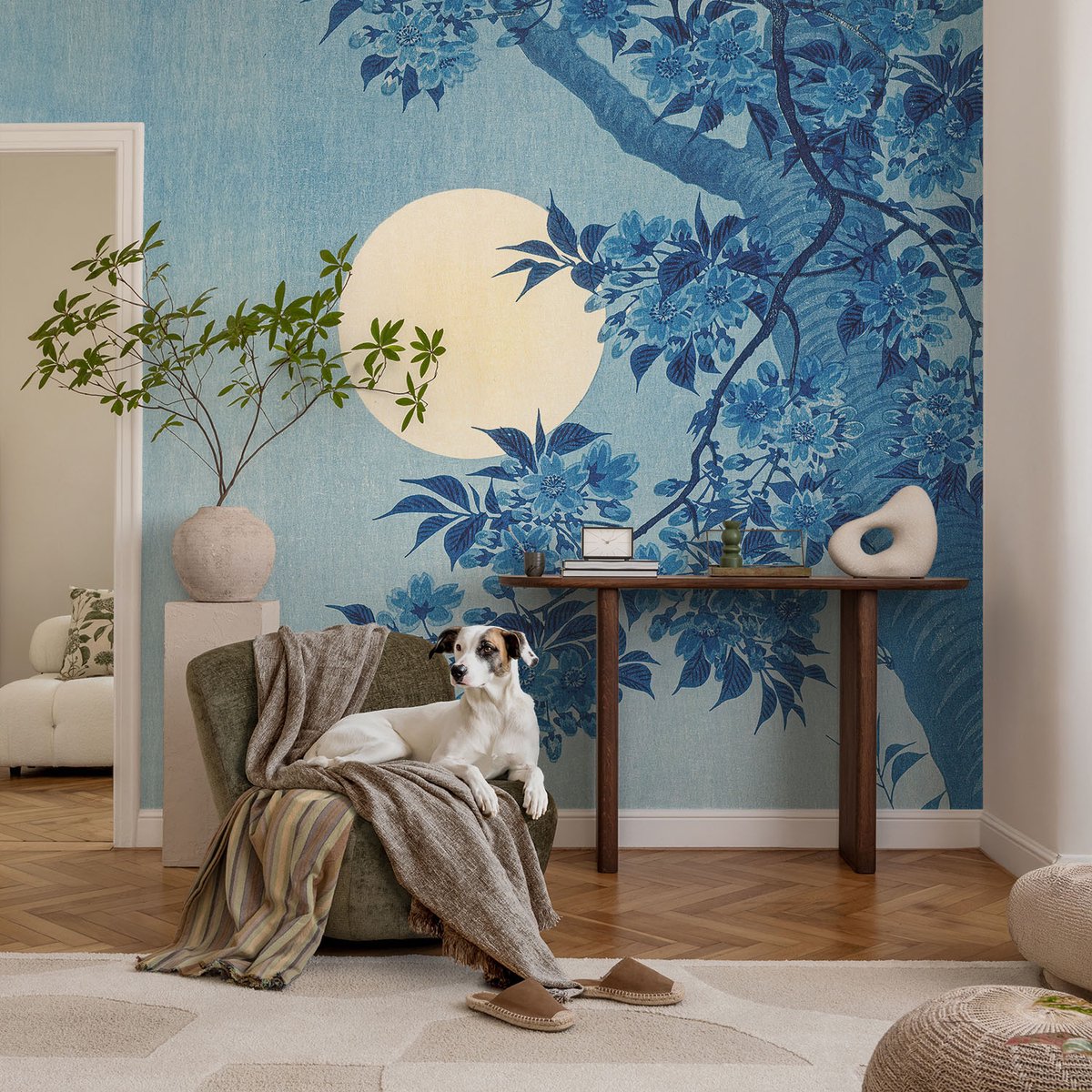 Wallfluent Fotobehang - Blauw Vliesbehang - 250x250 cm - Bloemenmaan Muurschildering - Slaapkamer behang Landschappen - Fotobehang Vlies - Gang behang