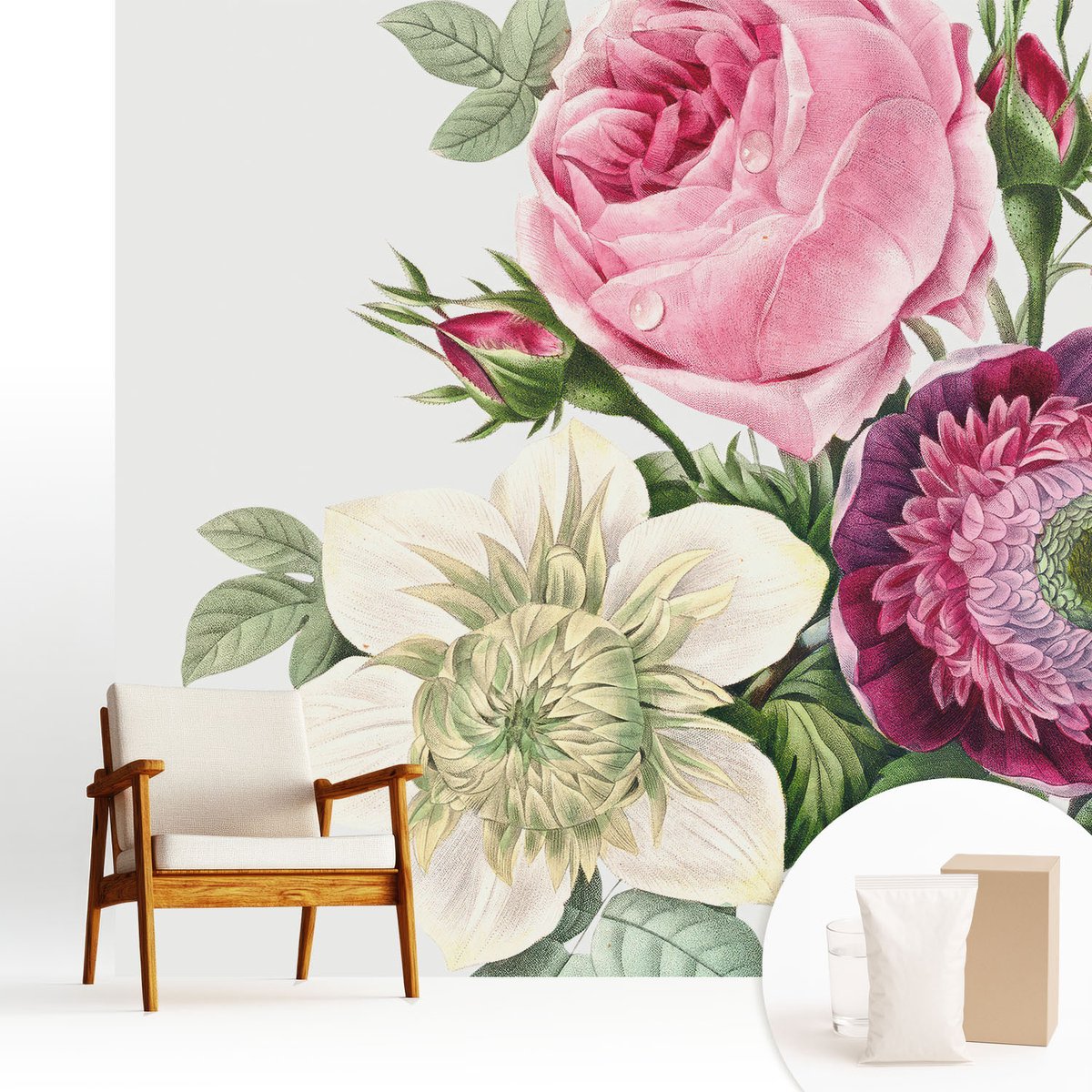 Wallfluent Fotobehang - Roze Vliesbehang - 250x250 cm - Bloemenboeket Muurschildering - Slaapkamer behang Bloemen En Planten - Fotobehang Vlies - Slaapkamer behang