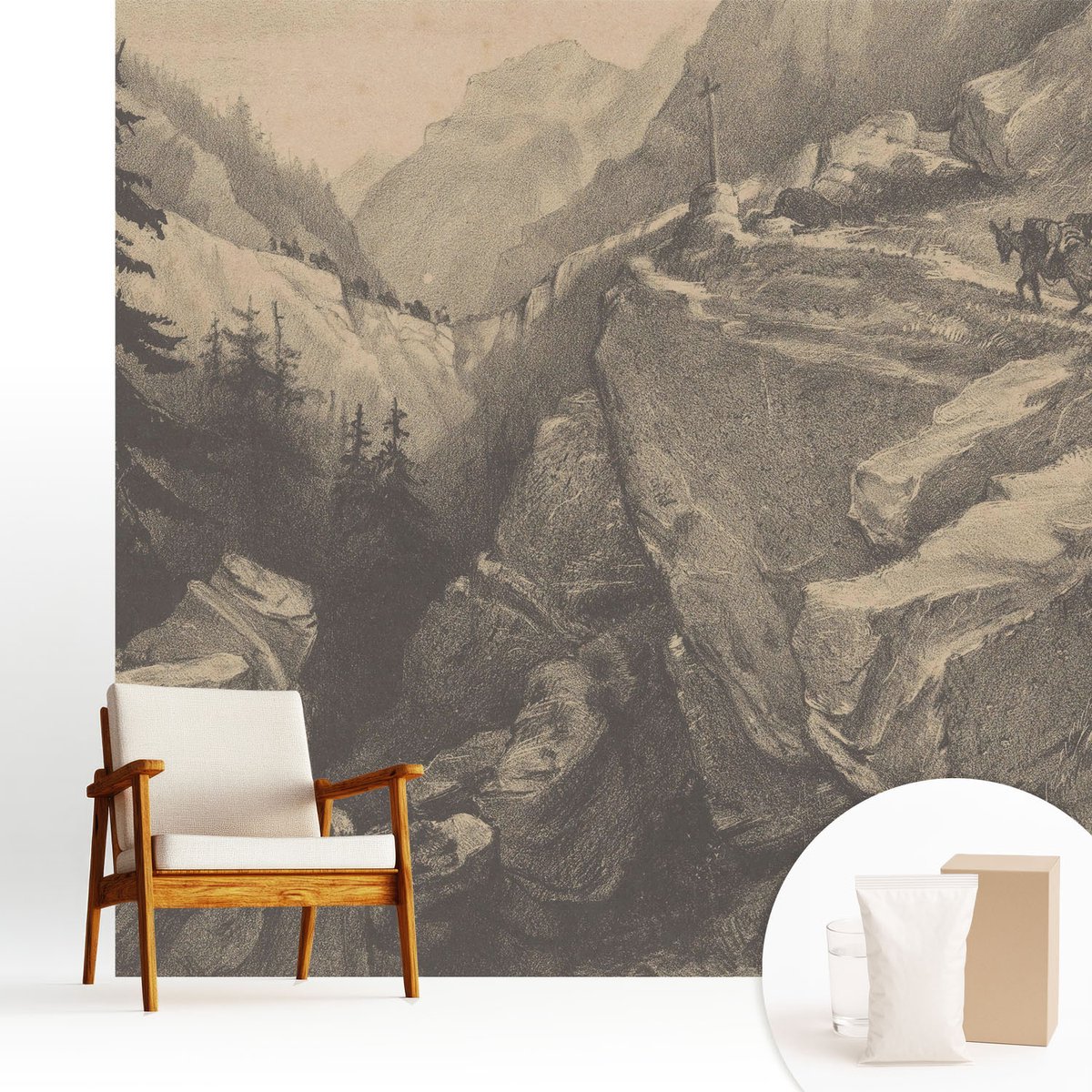 Wallfluent Fotobehang - Grijs Vliesbehang - 250x250 cm - Schilderachtige Bergen Fotobehang Vlies - Woonkamer behang Landschappen - Muurschildering - Hal behang