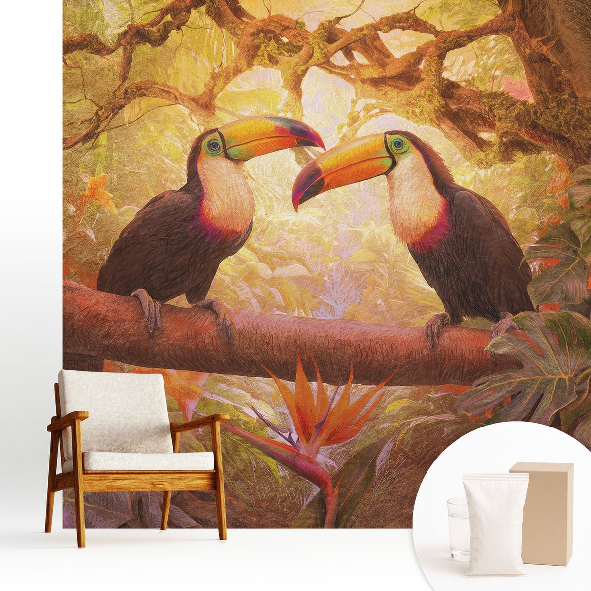 Wallfluent Fotobehang - Bruin Vliesbehang - 250x250 cm - Kleurrijke Toekans Muurschildering - Slaapkamer behang Dieren - Fotobehang Vlies - Slaapkamer behang