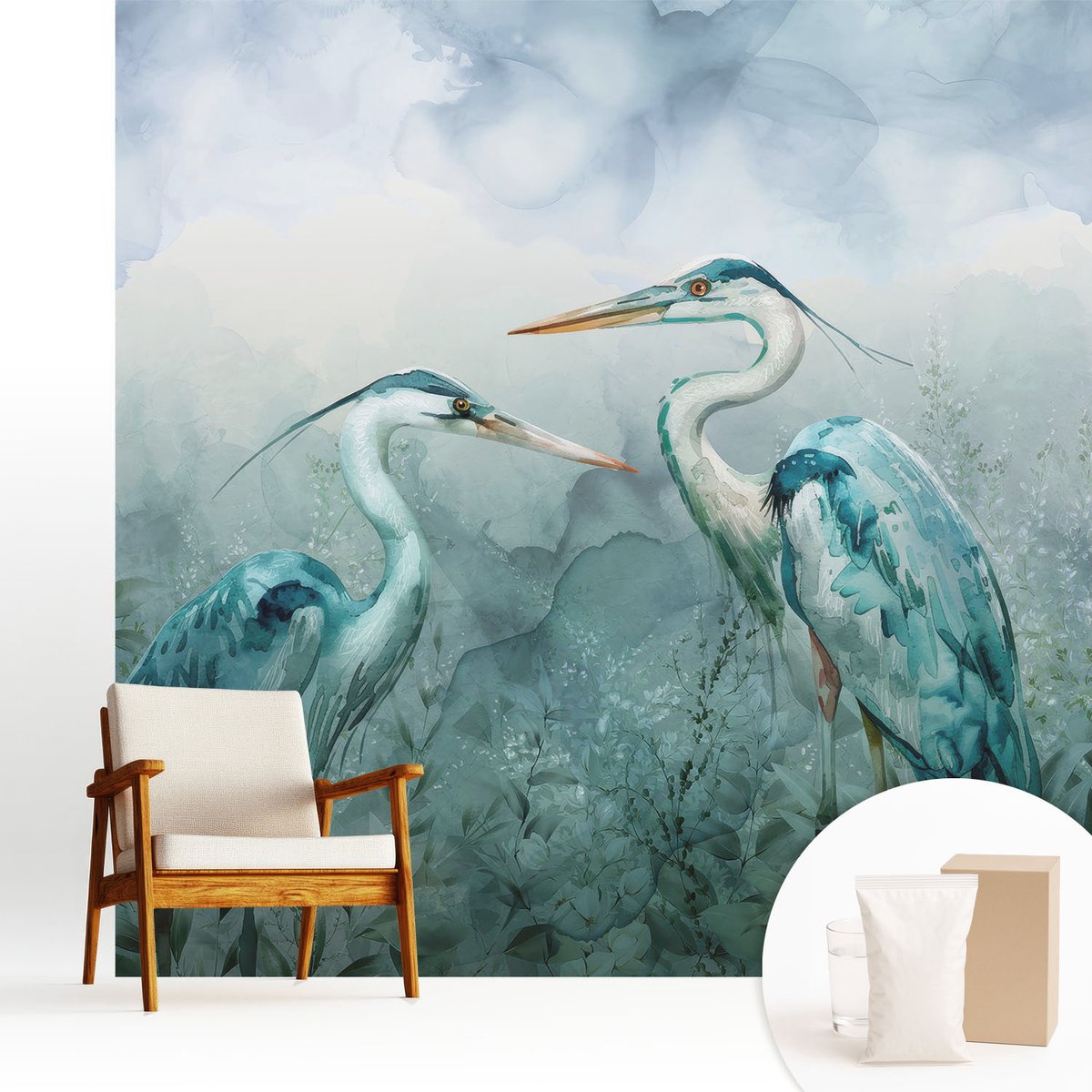 Wallfluent Fotobehang - Blauw Vliesbehang - 250x250 cm - Vogels Van De Natuur Muurschildering - Slaapkamer behang Dieren - Fotobehang Vlies - Slaapkamer behang