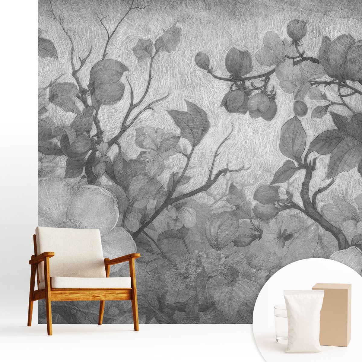 Wallfluent Fotobehang - Zwart-Wit Vliesbehang - 250x250 cm - Bloemtak Muurschildering - Slaapkamer behang Bloemen En Planten - Fotobehang Vlies - Slaapkamer behang