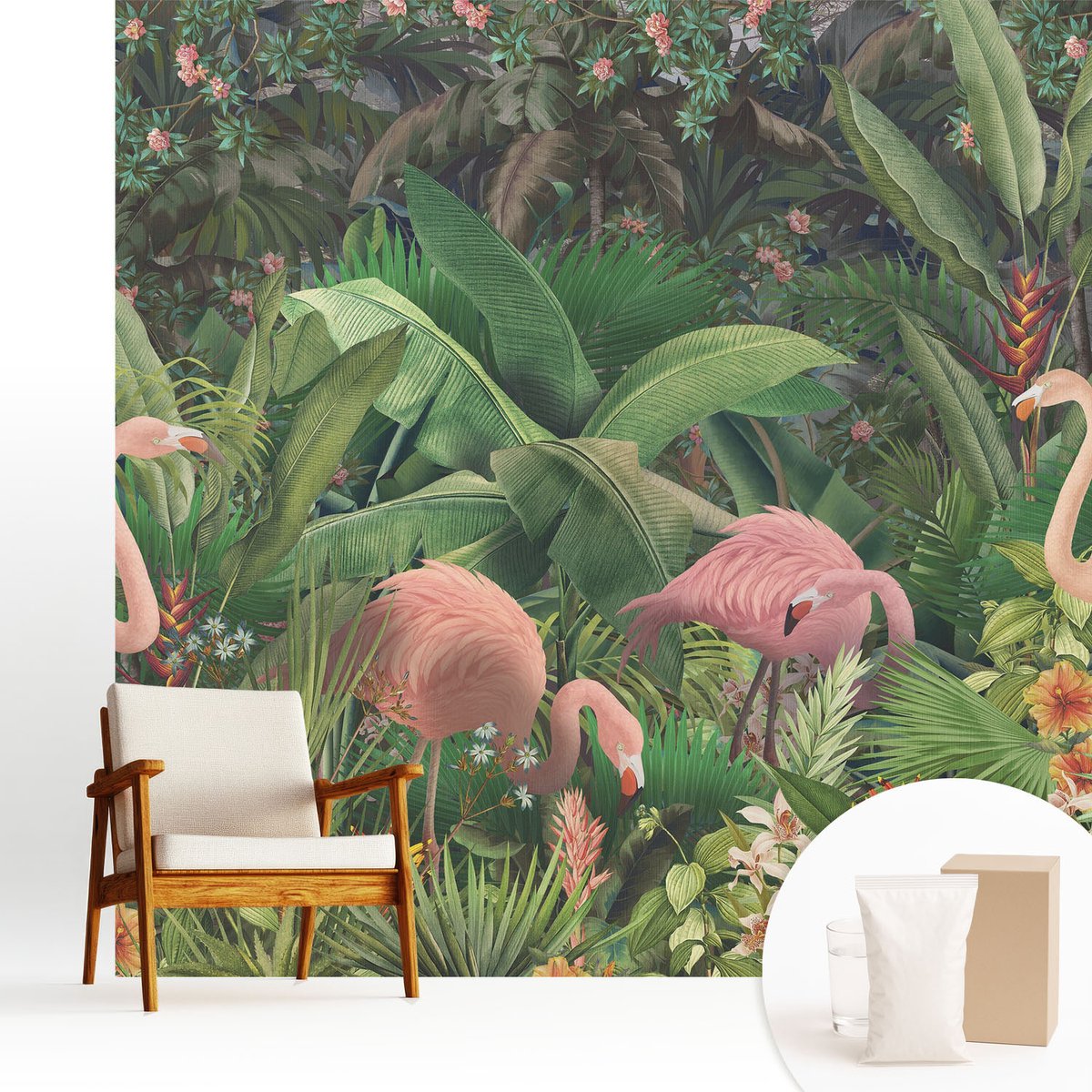 Wallfluent Fotobehang - Groente Vliesbehang - 250x250 cm - Roze Flamingo'S Fotobehang Vlies - Woonkamer behang Bloemen En Planten - Muurschildering - Hal behang