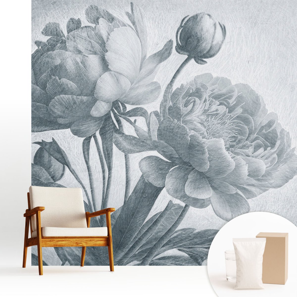 Wallfluent Fotobehang - Grijs Vliesbehang - 250x250 cm - Bloemenchic Muurschildering - Gang behang Bloemen En Planten - Fotobehang Vlies - Slaapkamer behang
