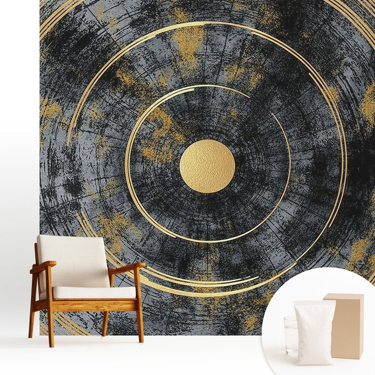 Wallfluent Fotobehang - Zwart Vliesbehang - 250x250 cm - Kosmische Dynamiek Muurschildering - Slaapkamer behang Geometrie - Fotobehang Vlies - Slaapkamer behang