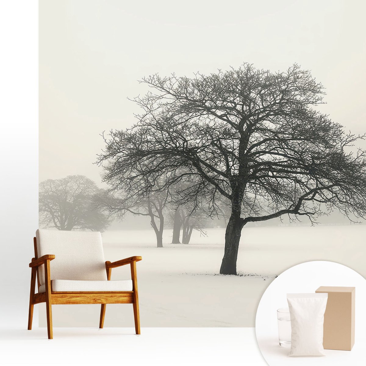 Wallfluent Fotobehang - Wit Vliesbehang - 250x250 cm - Winterbomen Fotobehang Vlies - Hal behang Landschappen - Muurschildering - Woonkamer behang