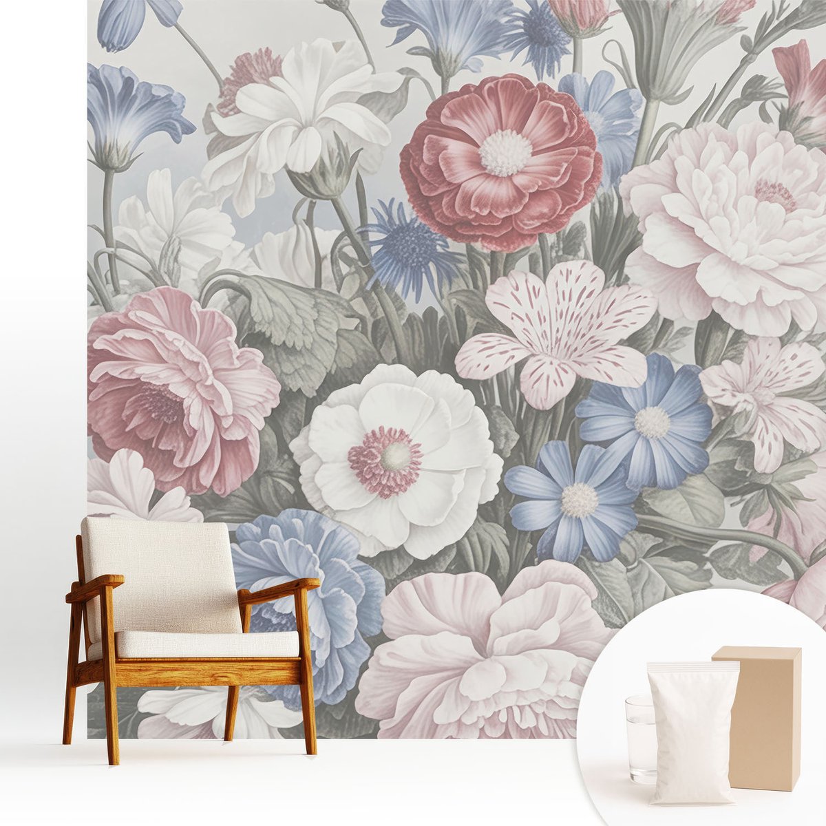 Wallfluent Fotobehang - Wit Vliesbehang - 250x250 cm - Kleurrijk Boeket Muurschildering - Slaapkamer behang Bloemen En Planten - Fotobehang Vlies - Slaapkamer behang