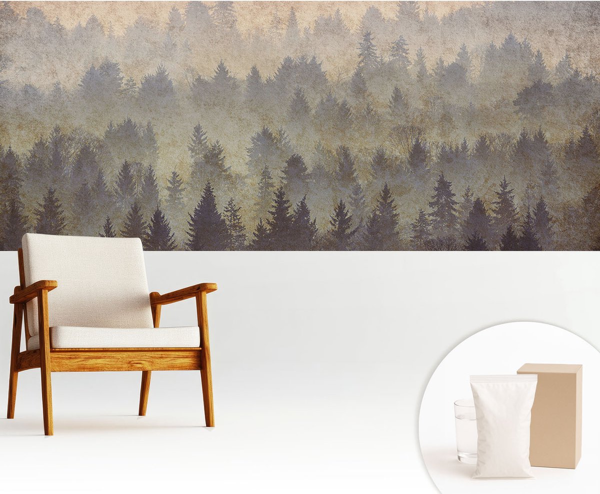 Wallfluent Fotobehang - Grijs Vliesbehang - 250x104 cm - Bosmist Muurschildering - Slaapkamer behang Landschappen - Fotobehang Vlies - Slaapkamer behang