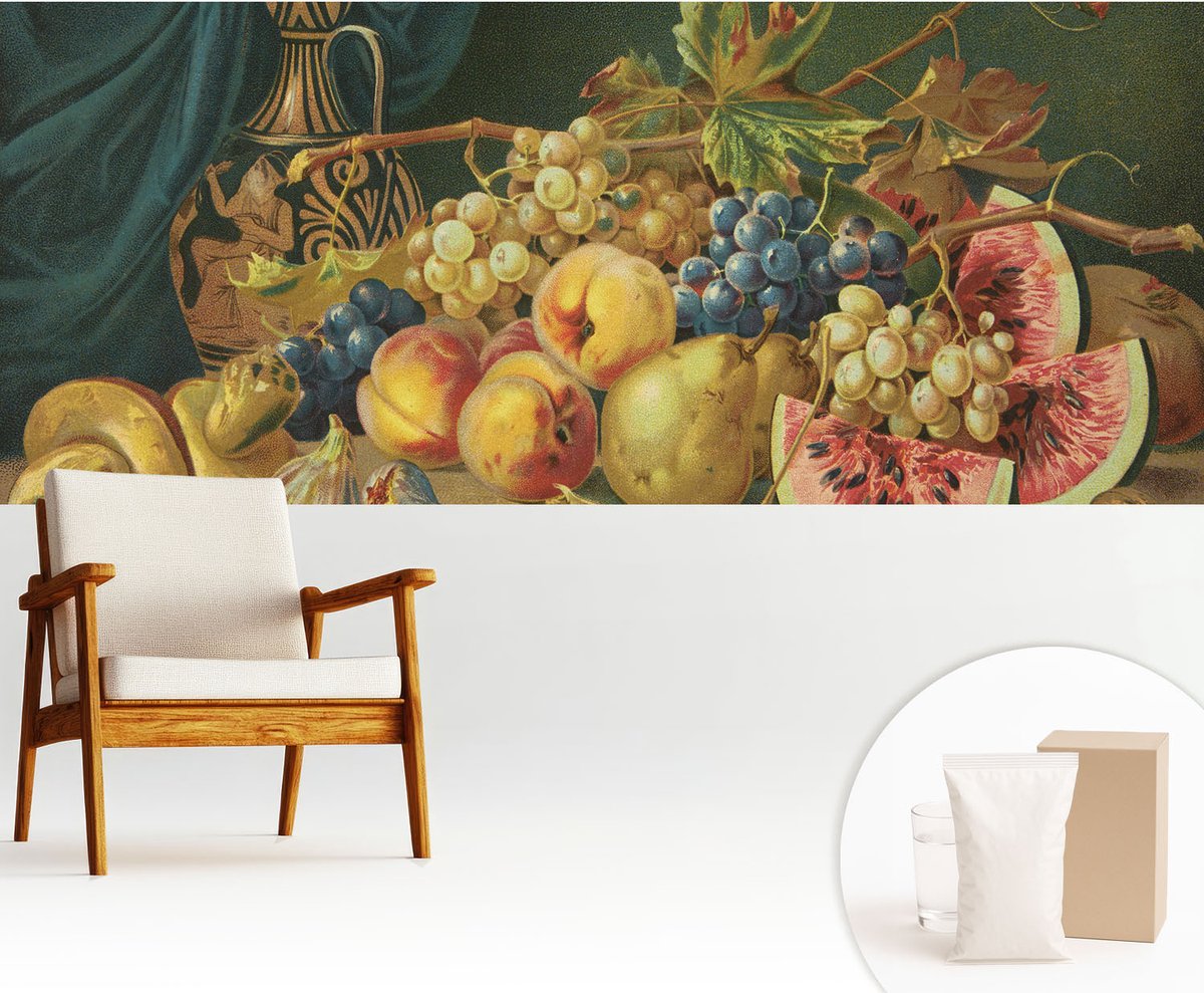 Wallfluent Fotobehang - Grijs Vliesbehang - 250x104 cm - Fruitige Charme Fotobehang Vlies - Woonkamer behang Voedsel - Muurschildering - Hal behang